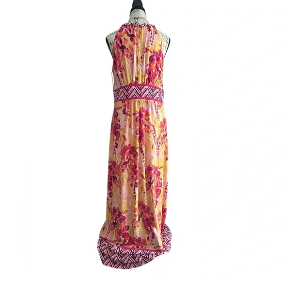 Wisp Tropical Floral Halter Maxi Dress Pink Yellow Braided Strap NWT 12 Summer - Picture 2 of 13